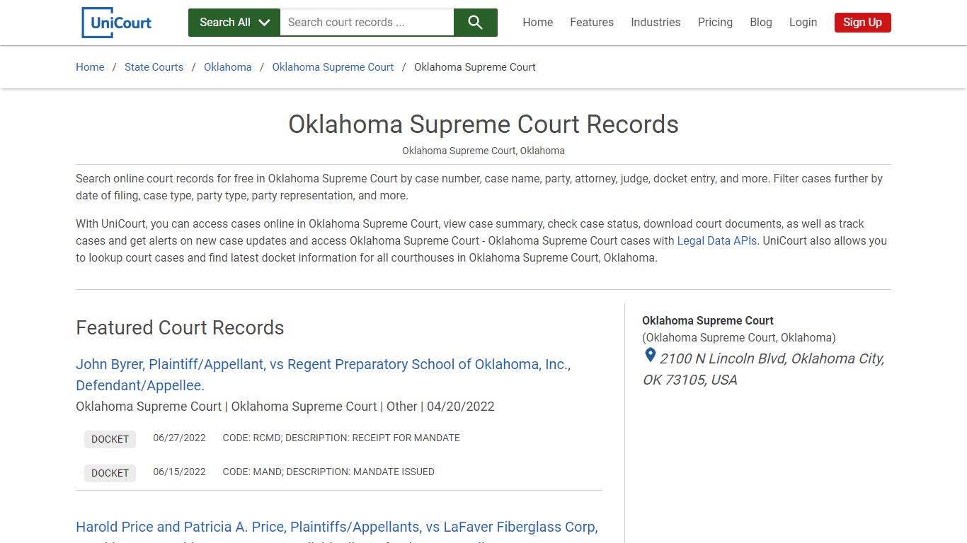 Oklahoma Supreme Court Records | Oklahoma | UniCourt